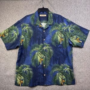 Tommy Bahama Hawaiian Silk Shirt Blue Tropical Trees Short Sleeve Men's Size XL